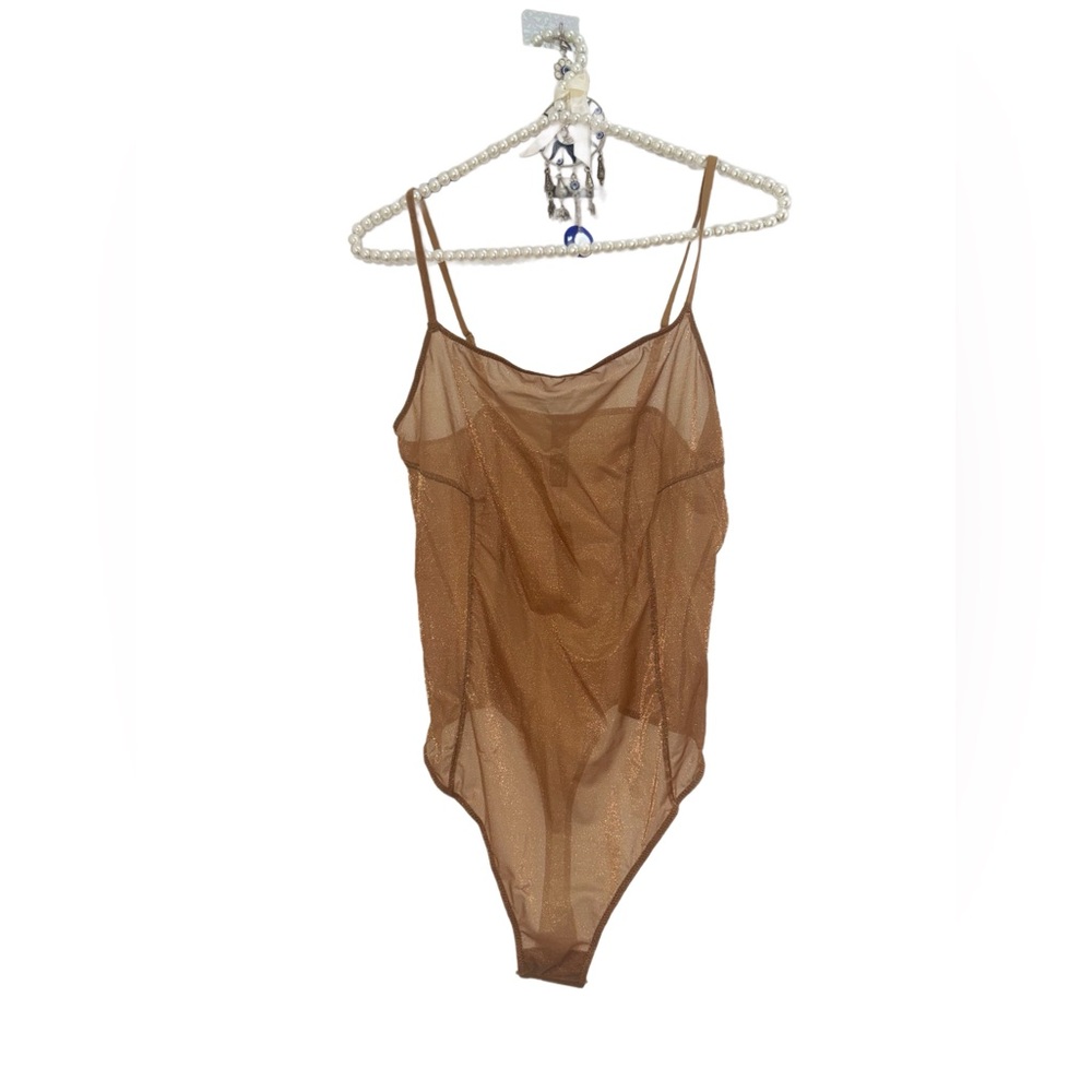 SKIMS Size XL Glissenette Chai Scoop Neck Sheer Bodysuit Shimmery Golden Gold